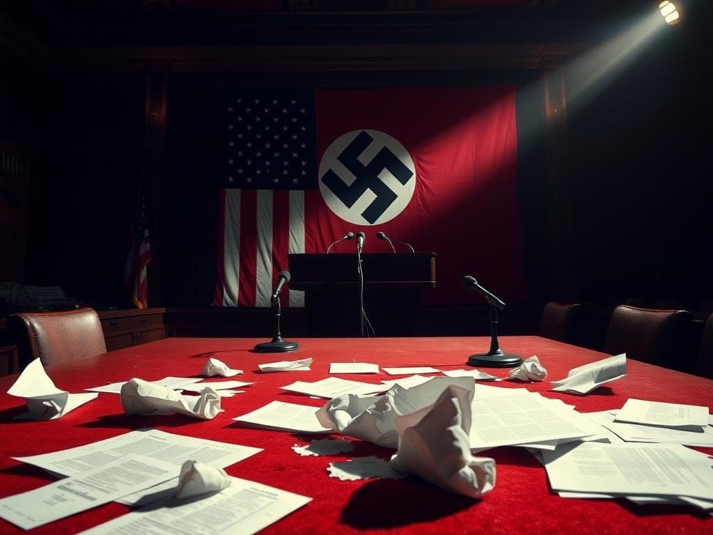 Flick International Tense congressional press room with shadows and microphones waiting