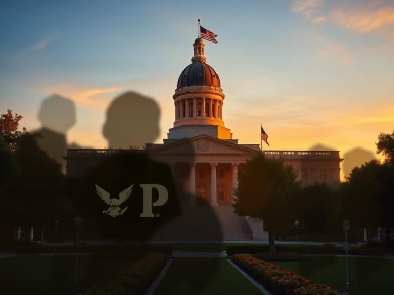 Flick International Majestic Massachusetts statehouse at dusk with military and corporate insignias