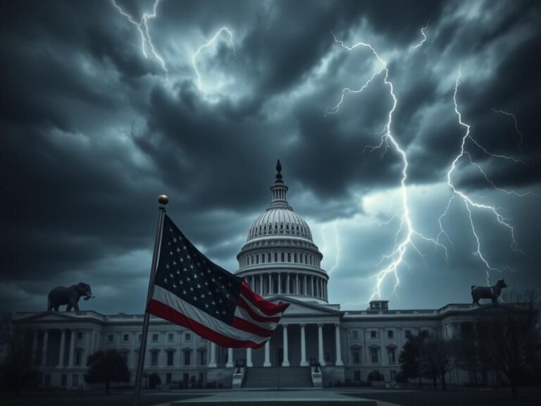 Flick International A dramatic scene of the United States Capitol under dark swirling clouds, with a fluttering American flag in the foreground.