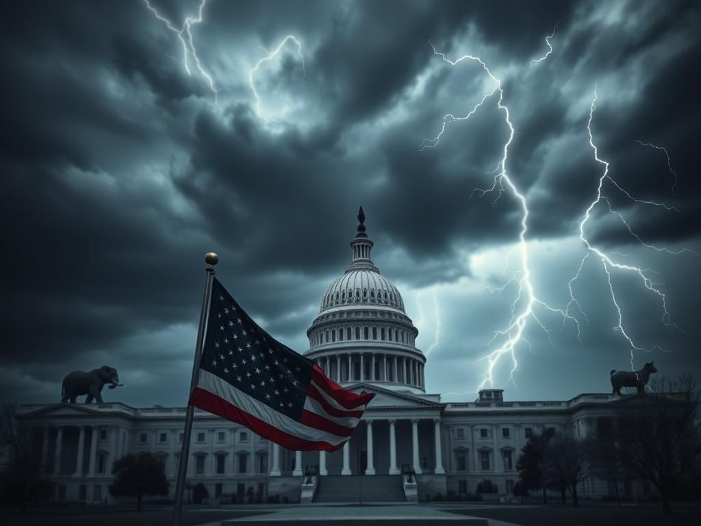 Flick International A dramatic scene of the United States Capitol under dark swirling clouds, with a fluttering American flag in the foreground.