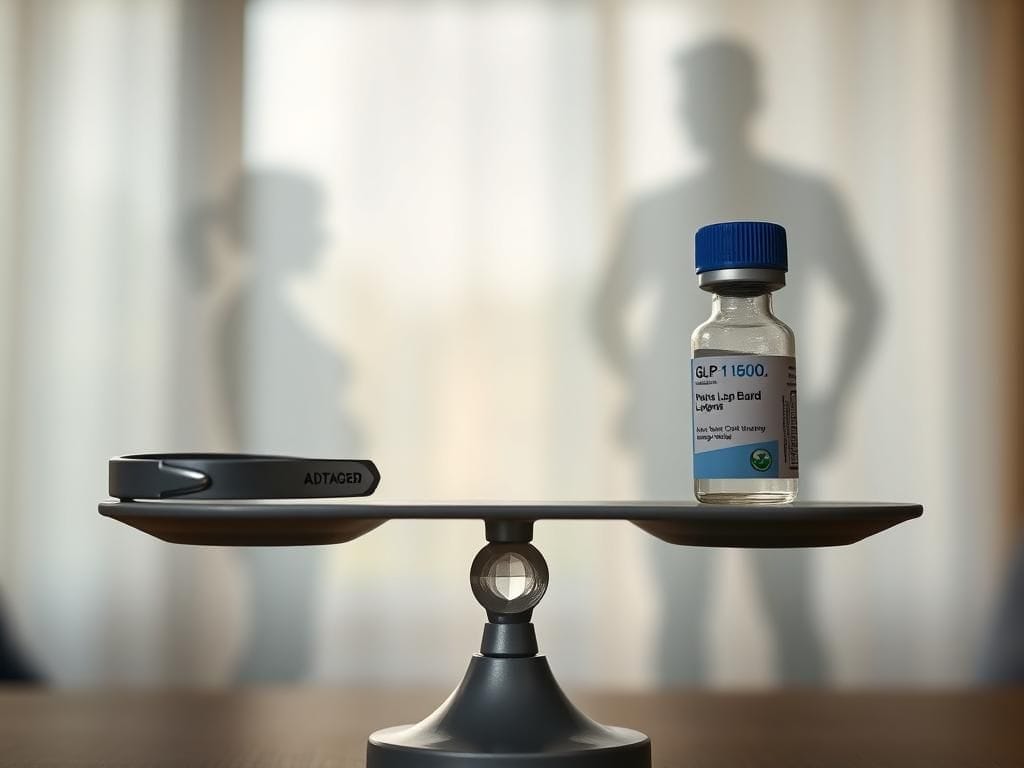 Flick International Close-up view of a delicate balance scale representing the pros and cons of weight-loss surgery and medications