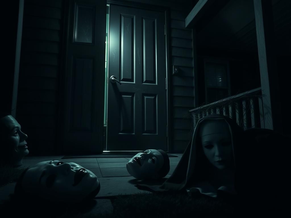 Flick International A dark suburban porch at night with Halloween masks scattered around