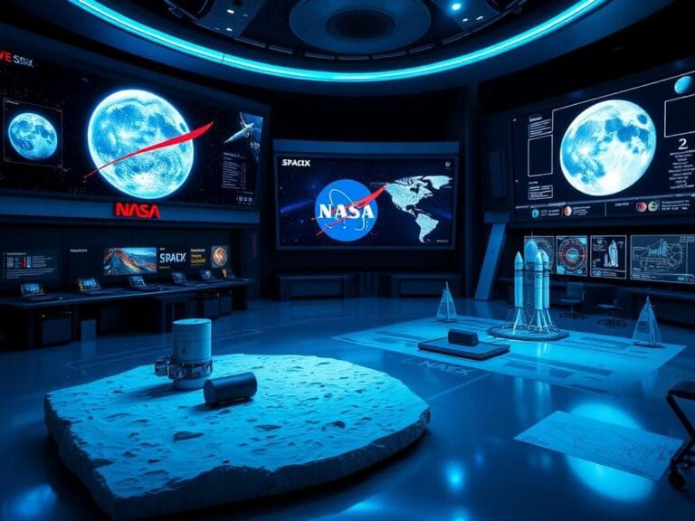 Flick International High-tech NASA control room showcasing spacecraft orbiting Earth and lunar mission charts