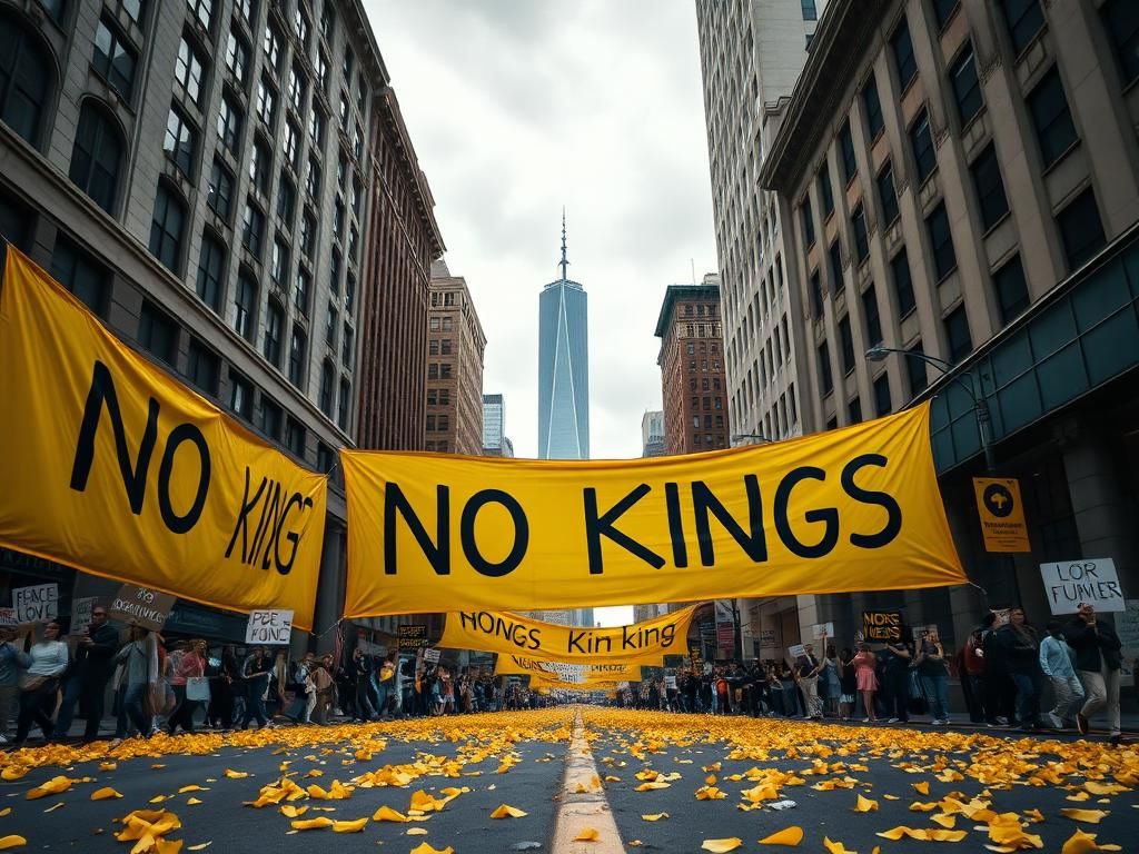 Flick International Vibrant urban street scene with protesters holding 'No Kings' banners