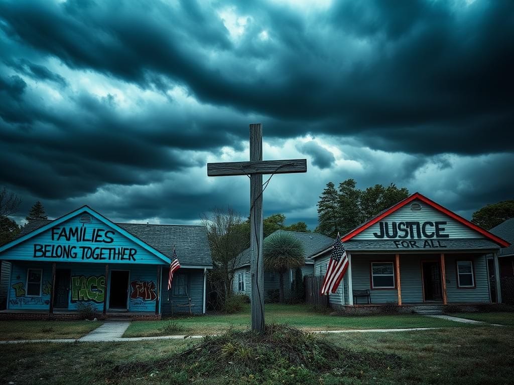 Flick International Abandoned suburban homes with graffiti highlighting immigration issues