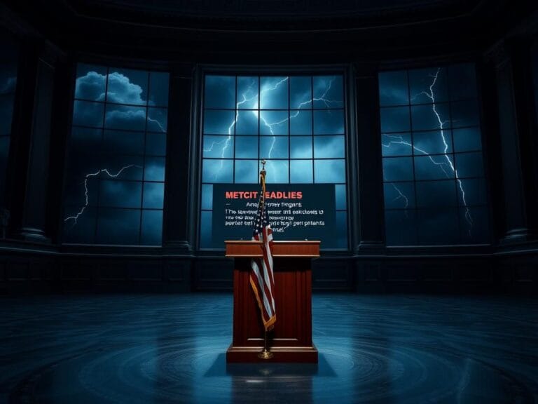 Flick International A tense political scene in a grand government building with a polished podium and stormy backdrop