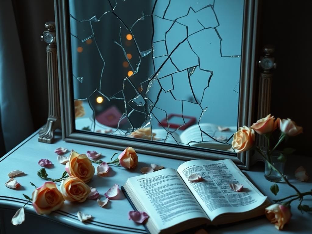 Flick International Shattered mirror on an elegant vanity, symbolizing the emotional turmoil between Britney Spears and Kevin Federline