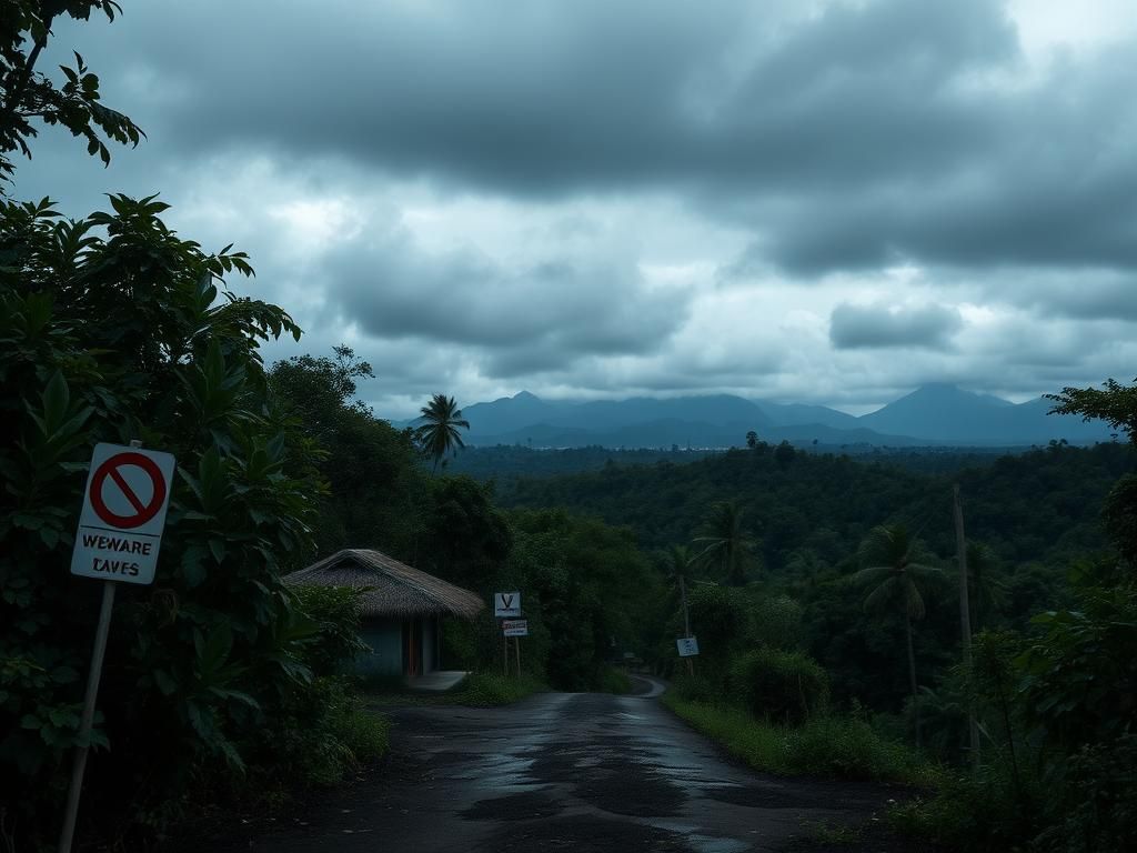 Flick International Dramatic landscape of Madagascar with ominous overcast sky and warning signs
