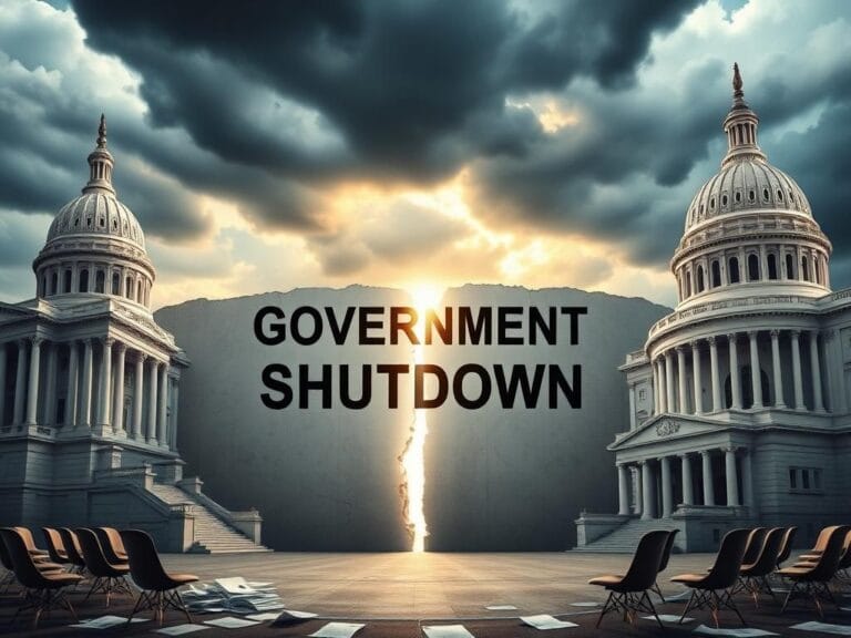 Flick International Abstract representation of a divided government with Senate and House buildings separated by a wall labeled 'Government Shutdown'