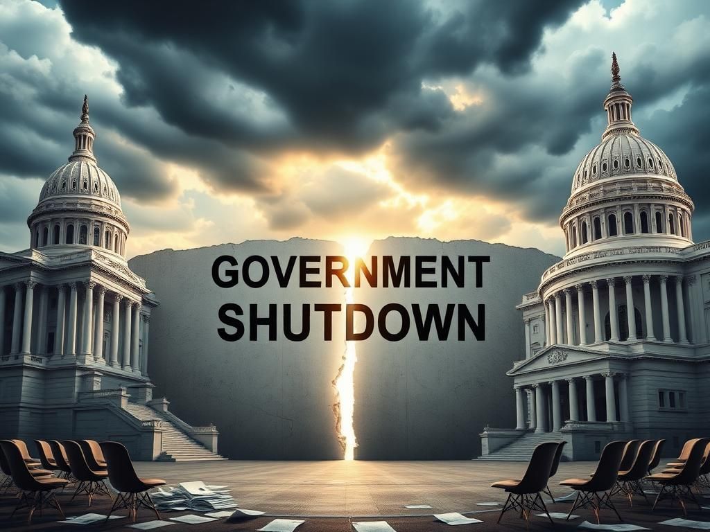 Flick International Abstract representation of a divided government with Senate and House buildings separated by a wall labeled 'Government Shutdown'