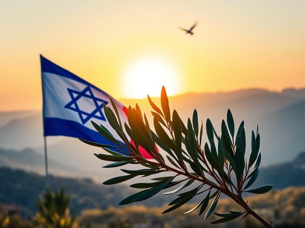 Flick International Olive branch symbolizing peace with Israeli and Palestinian flag colors in a serene landscape