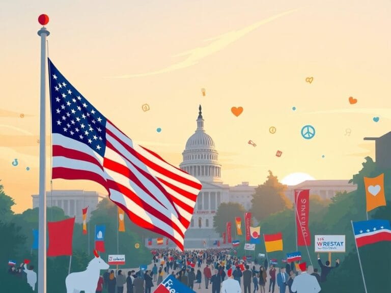 Flick International A bustling urban political landscape featuring a modern government building and an American flag.