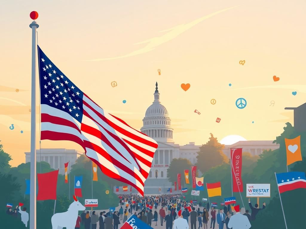 Flick International A bustling urban political landscape featuring a modern government building and an American flag.