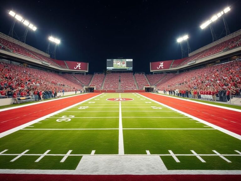 Flick International Dramatic view of an empty Alabama Crimson Tide football field under bright stadium lights