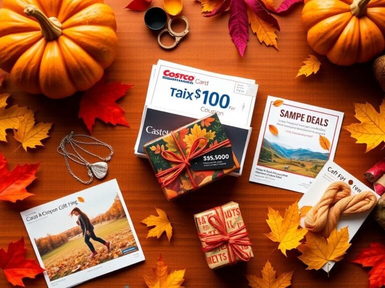 Flick International Cozy autumn flat lay featuring a pumpkin, leaves, Costco membership, $100 coupon, and festive gift box