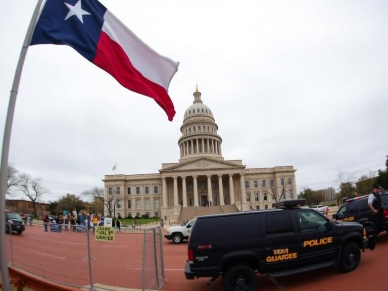 Flick International A panoramic view of the Texas State Capitol in Austin with security barriers and National Guard vehicles