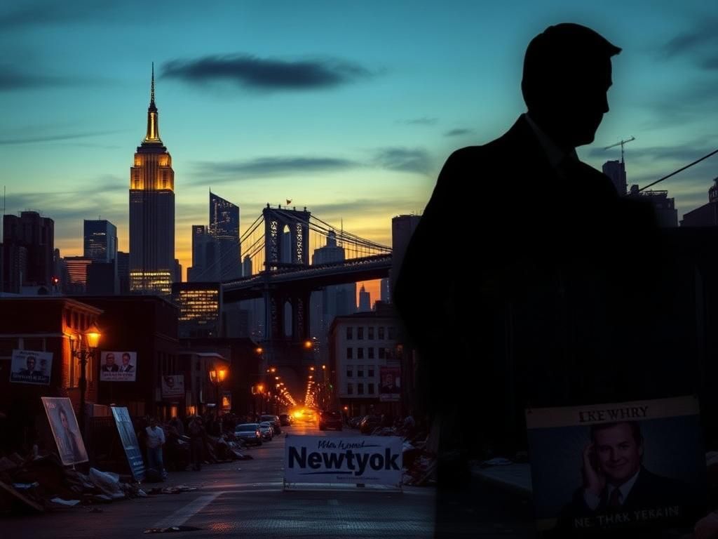 Flick International Dramatic cityscape of New York City at dusk with iconic landmarks silhouetted