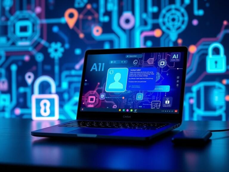 Flick International Modern desktop setup showcasing a laptop with an AI chat interface surrounded by abstract AI representations