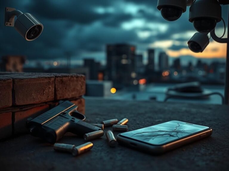Flick International Dimly lit rooftop scene with evidence items including a handgun, bullet casings, and a cracked cell phone amidst a blurred city skyline