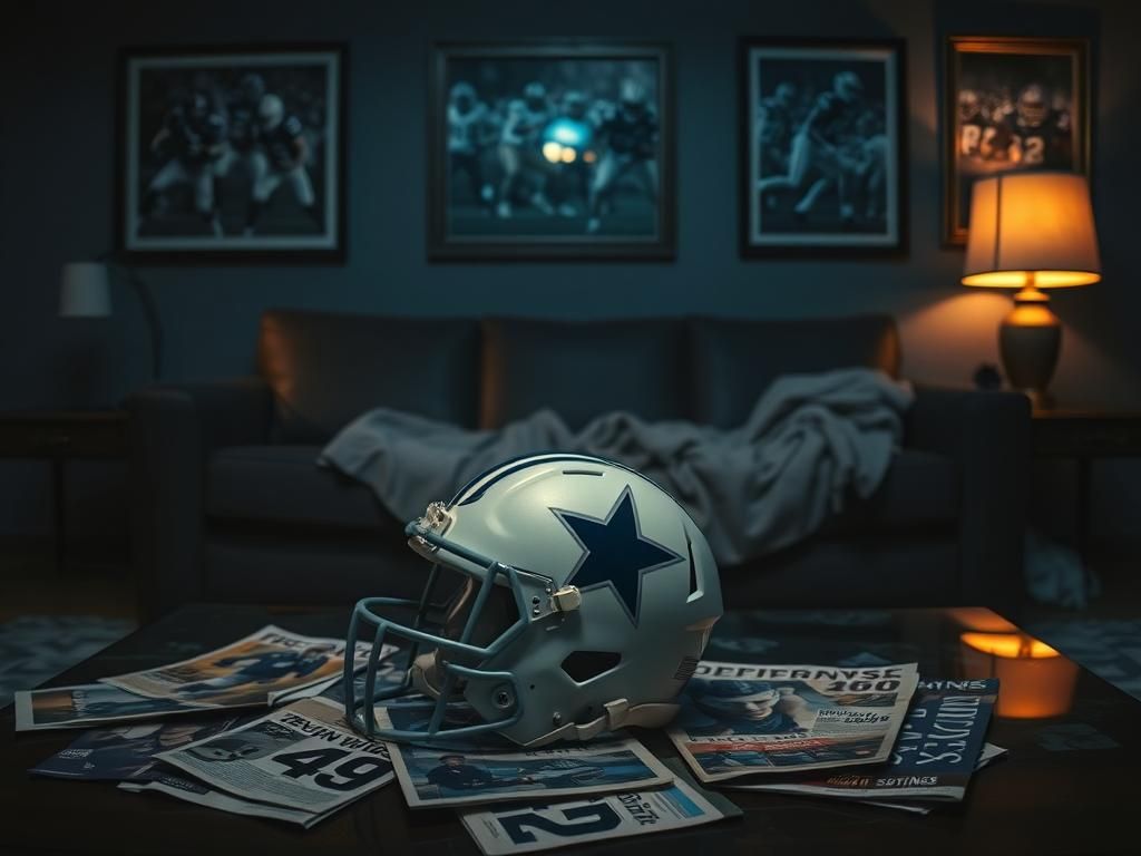 Flick International Dallas Cowboys helmet on a coffee table in a dimly lit living room