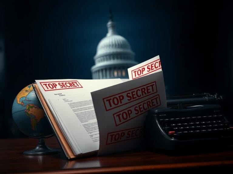 Flick International Close-up of an open file folder filled with classified documents marked 'TOP SECRET' under harsh lighting