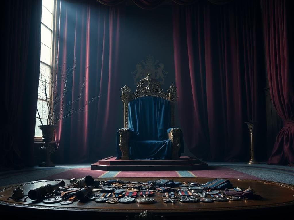 Flick International A somber royal throne room featuring an ornate throne draped in dark blue silk.