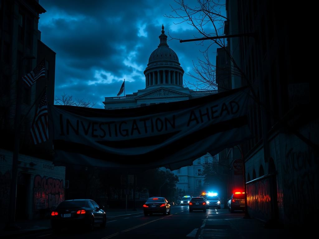 Flick International Dark urban landscape at dusk featuring a government building and an 'Investigation Ahead' banner