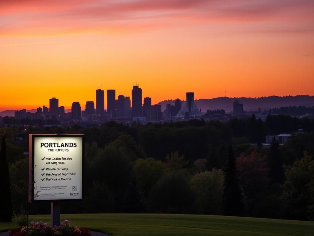 Flick International A serene view of Portland's skyline at dusk with a lush green park in the foreground