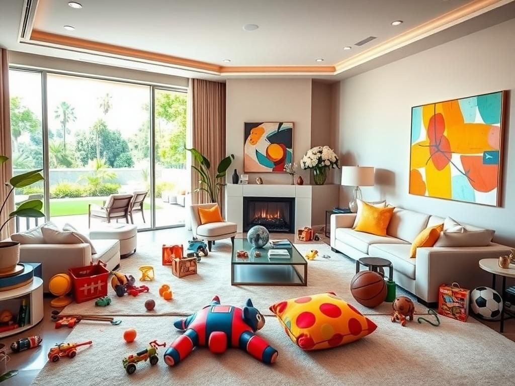 Flick International A serene Hollywood home interior with vibrant art and children’s toys