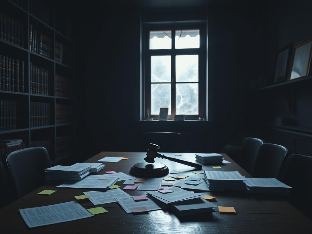 Flick International Dimly lit room with a wooden table scattered with legal documents and sticky notes