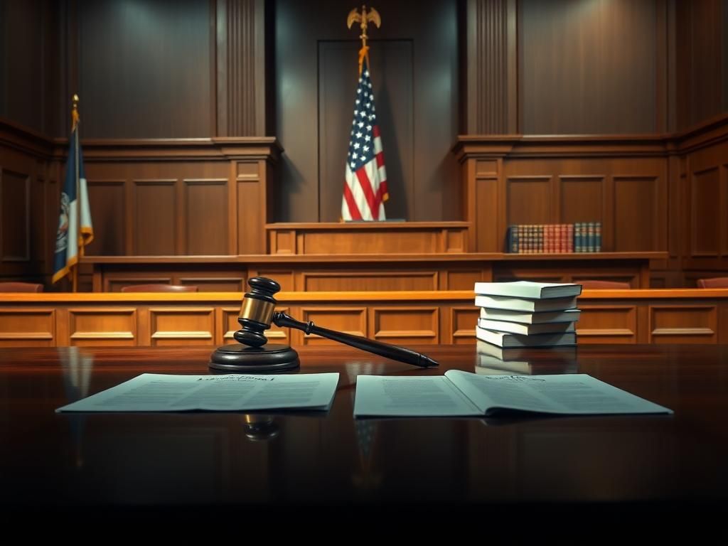 Flick International A solemn courtroom scene featuring a large wooden judge's bench and gavel