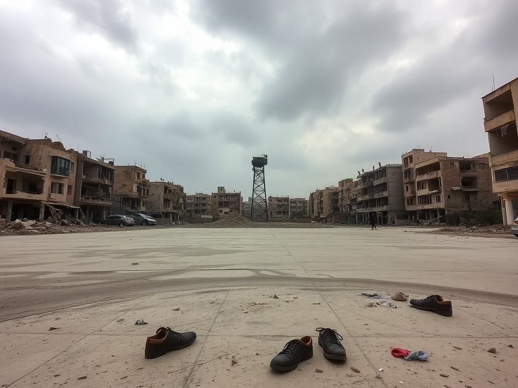 Flick International A desolate urban landscape in Gaza showcasing crumbling buildings and signs of conflict.