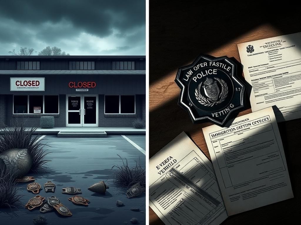 Flick International Split image contrasting a neglected police station and the shadowy silhouette of a police badge on a desk, highlighting immigration enforcement failures.