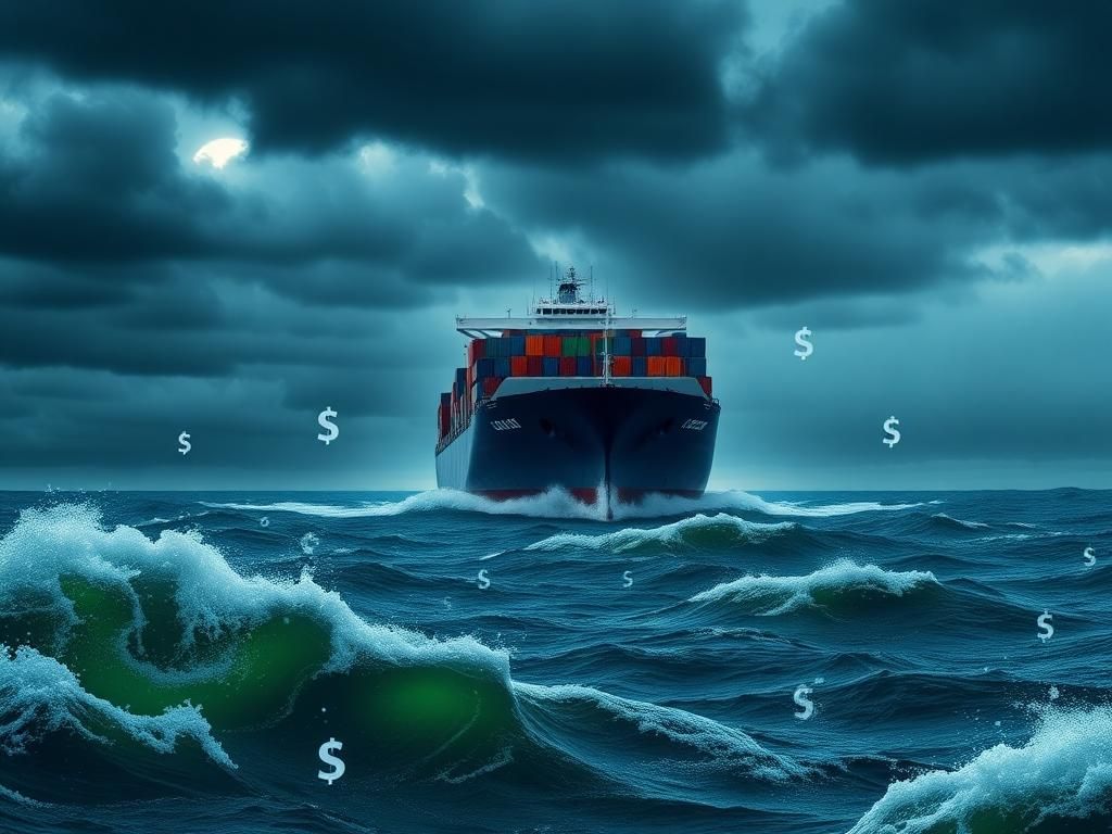 Flick International A large cargo ship navigating turbulent waters under dark storm clouds, representing the global shipping industry and international relations.