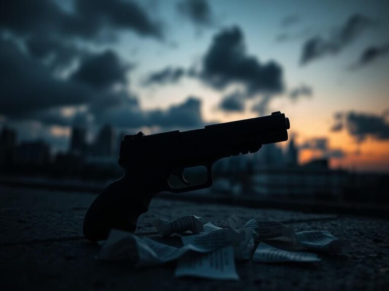 Flick International Dark urban landscape with loaded handgun on concrete surface