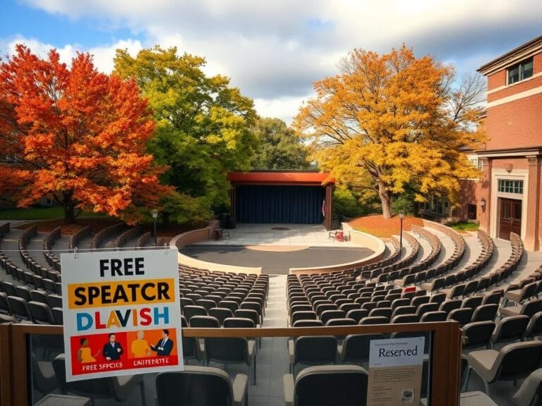 Flick International Aerial view of a vacant amphitheater on a university campus during autumn, showcasing scattered chairs and a deserted stage.