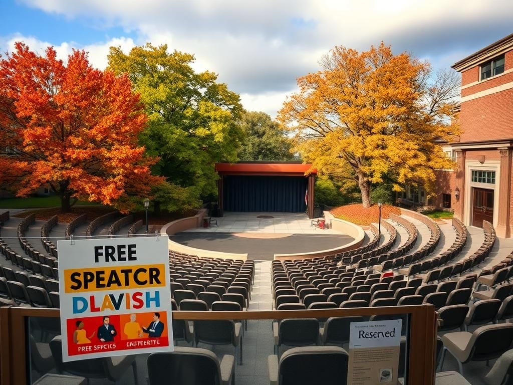Flick International Aerial view of a vacant amphitheater on a university campus during autumn, showcasing scattered chairs and a deserted stage.