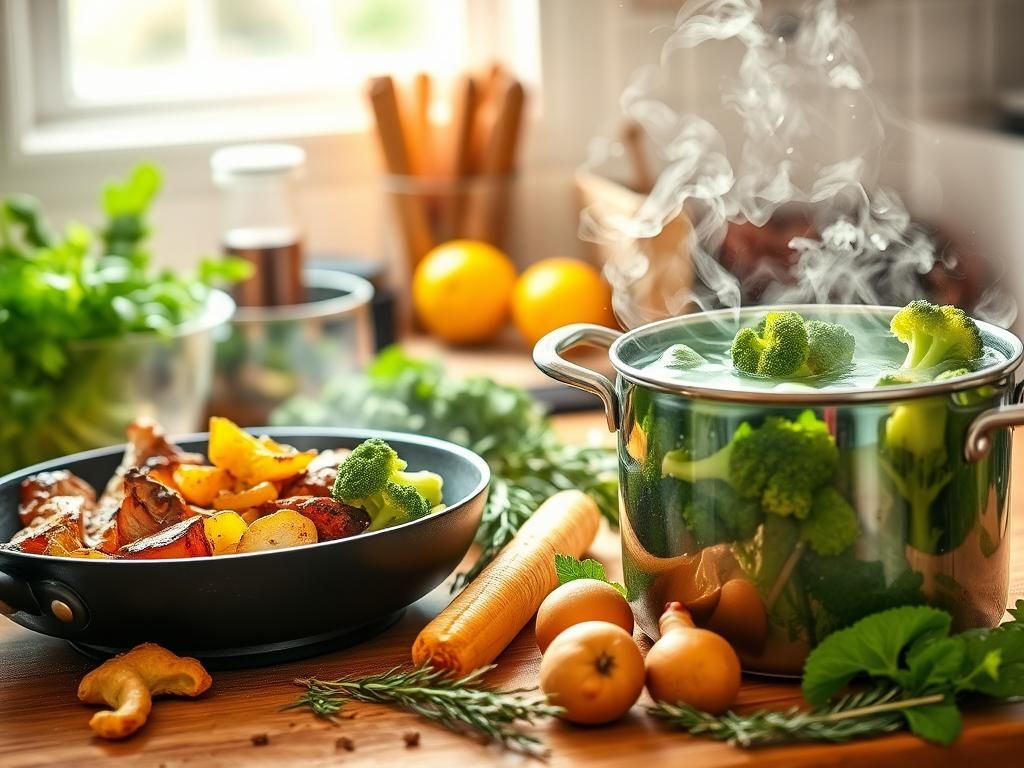 Flick International A vibrant kitchen scene with fresh ingredients illustrating high-heat and water-based cooking methods.