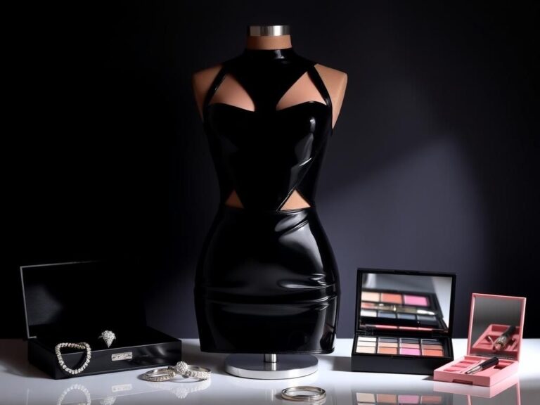 Flick International A mannequin showcasing a glossy black latex mini dress with dramatic cutouts and sparkling diamond accessories