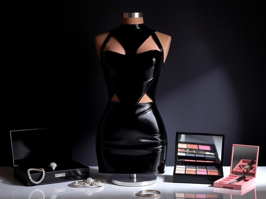 Flick International A mannequin showcasing a glossy black latex mini dress with dramatic cutouts and sparkling diamond accessories