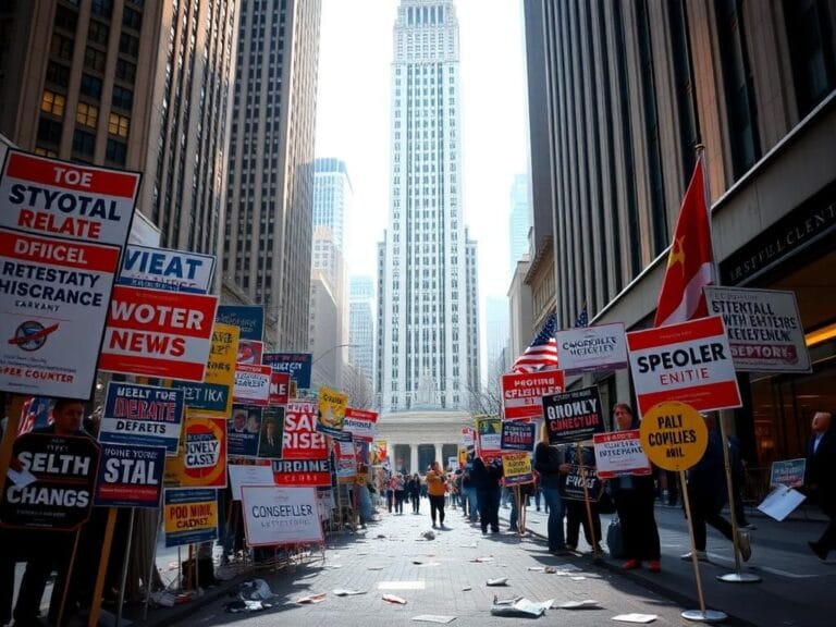 Flick International Bustling urban scene outside 30 Rockefeller Plaza with campaign signs during New York City mayoral debate
