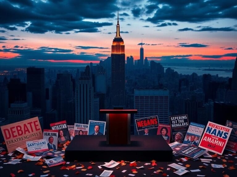 Flick International Dramatic New York City skyline at dusk featuring the Empire State Building and an empty debate stage
