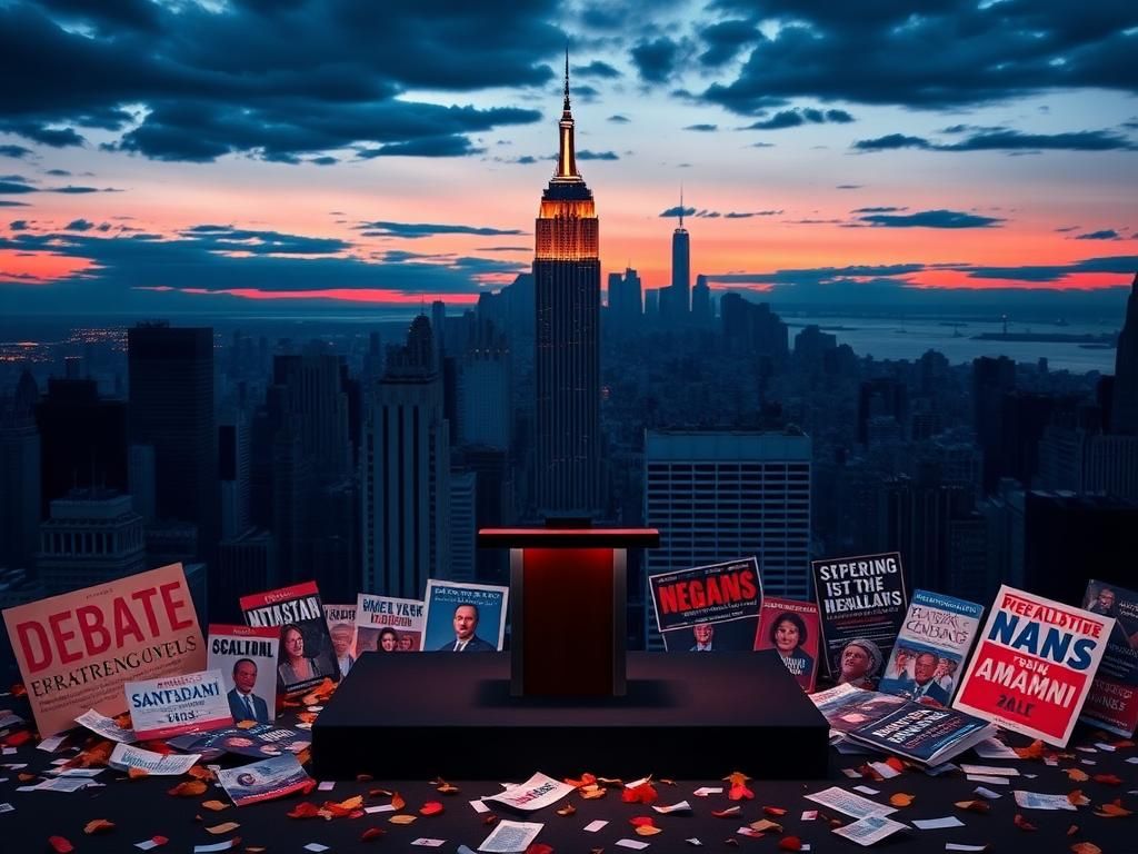 Flick International Dramatic New York City skyline at dusk featuring the Empire State Building and an empty debate stage