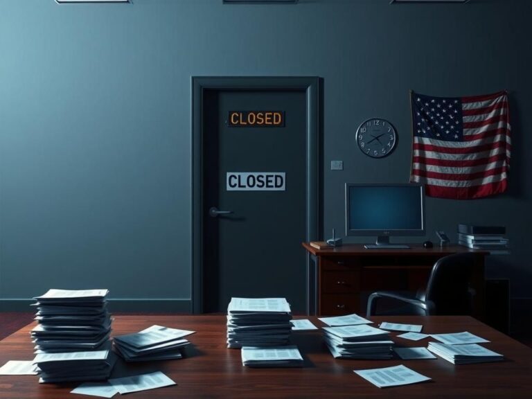 Flick International Empty office environment of the National Nuclear Security Administration with a closed door and neglected paperwork