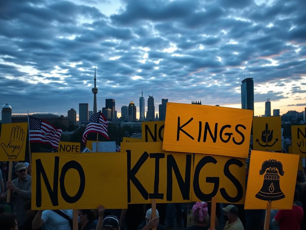 Flick International Dramatic protest scene featuring bold 'No Kings' signs amid symbols of freedom and iconic city skylines.