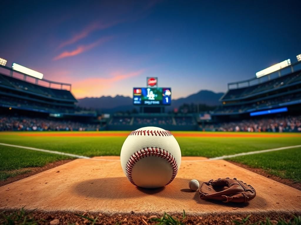 Flick International A baseball game scene at Dodger Stadium with fans and a baseball on home plate