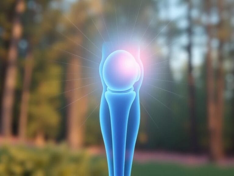 Flick International Abstract representation of a glowing knee joint symbolizing knee osteoarthritis treatment