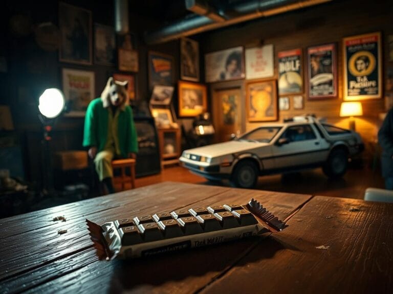 Flick International Vintage film set featuring iconic 1980s movie props with a chocolate bar and wolf costume