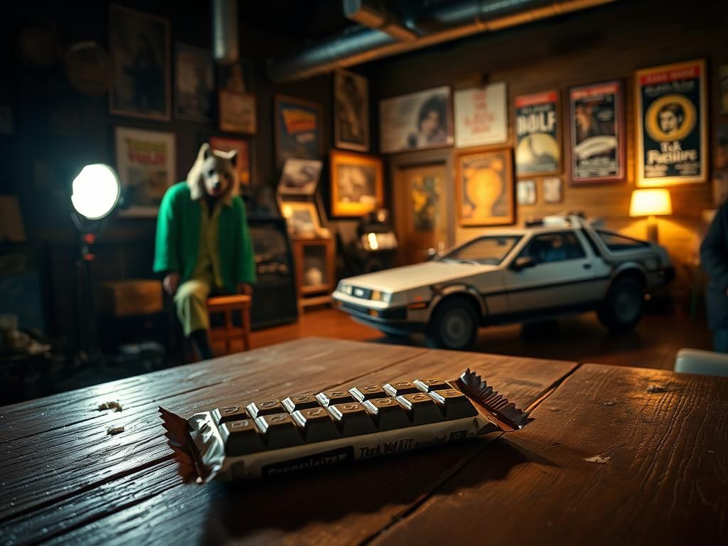 Flick International Vintage film set featuring iconic 1980s movie props with a chocolate bar and wolf costume