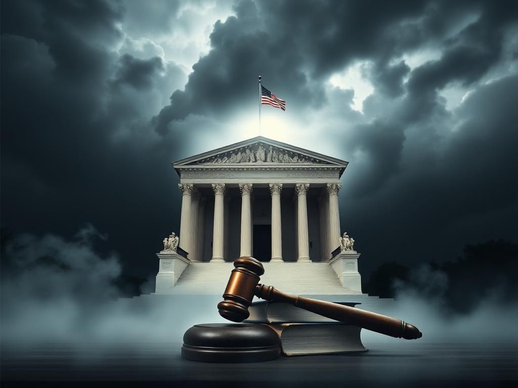 Flick International Supreme Court building shrouded in mist with gavel and law books in the foreground